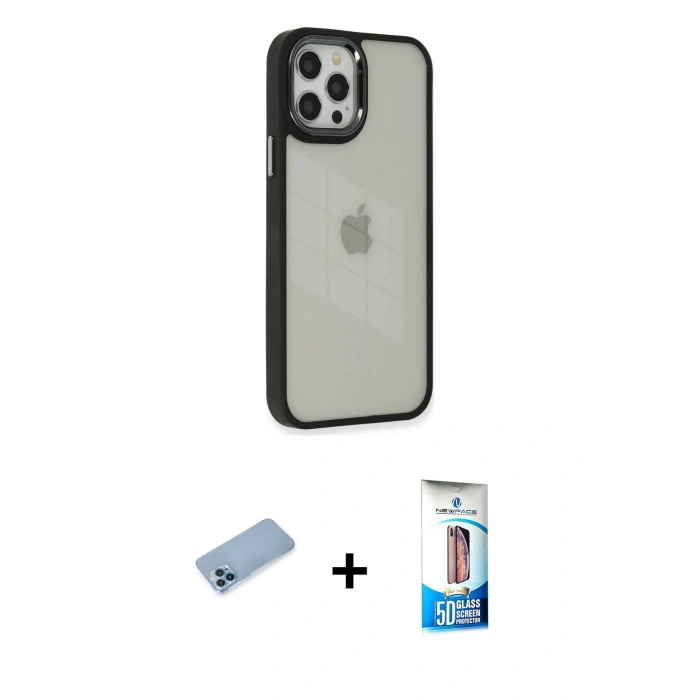 MARSİLYAN™- iPhone 12 Pro Max Kılıf Eksen Doku Prime - Siyah 5D Eko Cam Ekran Koruyucu + Mavi Shine Kamera Lens Koruma Cam