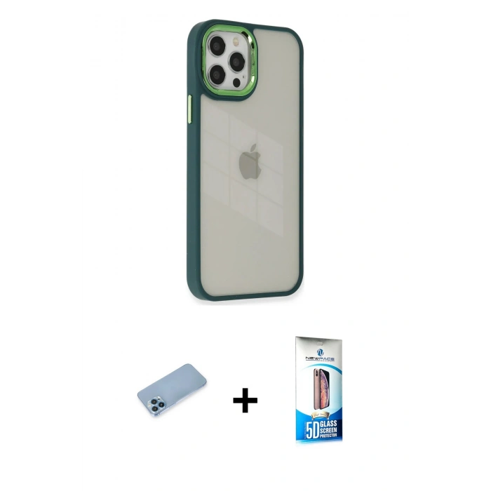 MARSİLYAN™- iPhone 12 Pro Max Kılıf Eksen Doku Prime - Siyah 5D Eko Cam Ekran Koruyucu + Mavi Shine Kamera Lens Koruma Cam