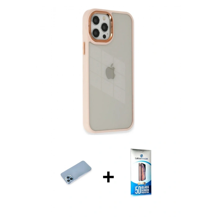 MARSİLYAN™- iPhone 12 Pro Max Kılıf Eksen Doku Prime - Siyah 5D Eko Cam Ekran Koruyucu + Mavi Shine Kamera Lens Koruma Cam