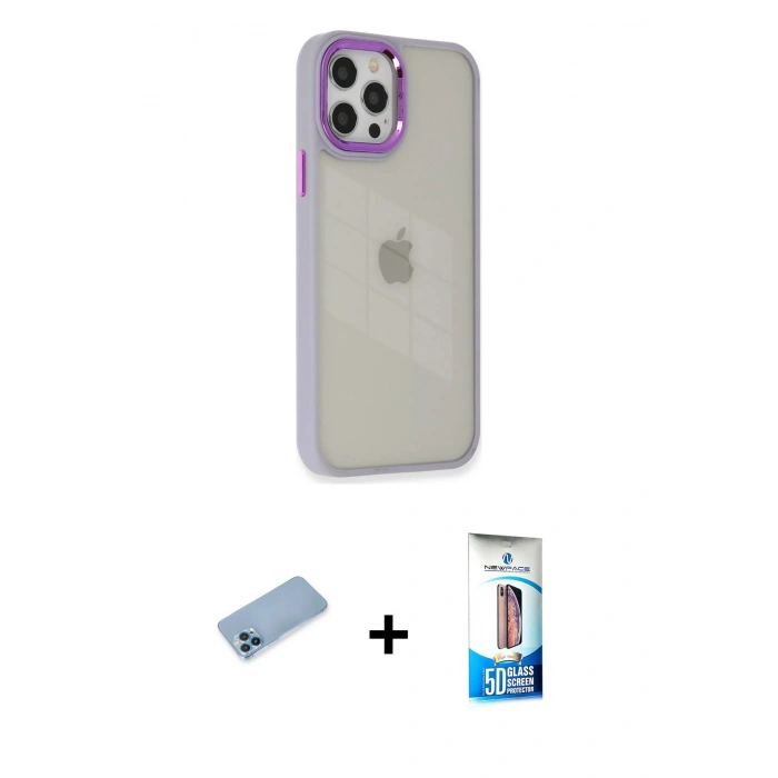 MARSİLYAN™- iPhone 12 Pro Max Kılıf Eksen Doku Prime - Siyah 5D Eko Cam Ekran Koruyucu + Mavi Shine Kamera Lens Koruma Cam