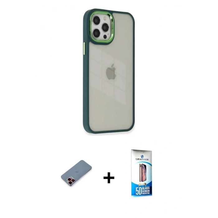 MARSİLYAN™- iPhone 12 Pro Max Kılıf Eksen Doku Prime - Siyah 5D Eko Cam Ekran Koruyucu + Metal Kamera Lens Koruma Cam - KI