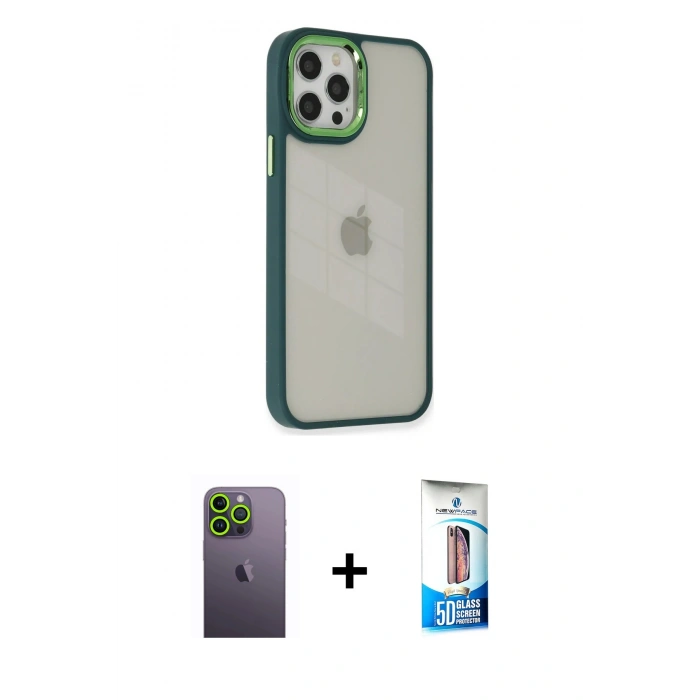 MARSİLYAN™- iPhone 12 Pro Max Kılıf Eksen Doku Prime - Siyah 5D Eko Cam Ekran Koruyucu + Neon Fosforlu Kamera Lens - YL