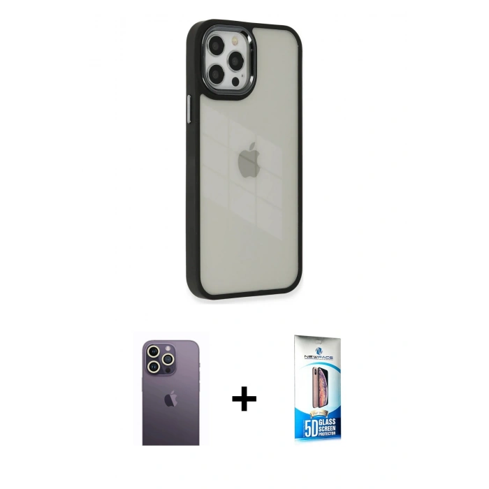 MARSİLYAN™- iPhone 12 Pro Max Kılıf Eksen Doku Prime - Siyah 5D Eko Cam Ekran Koruyucu + Neon Fosforlu Kamera Lens - BZ