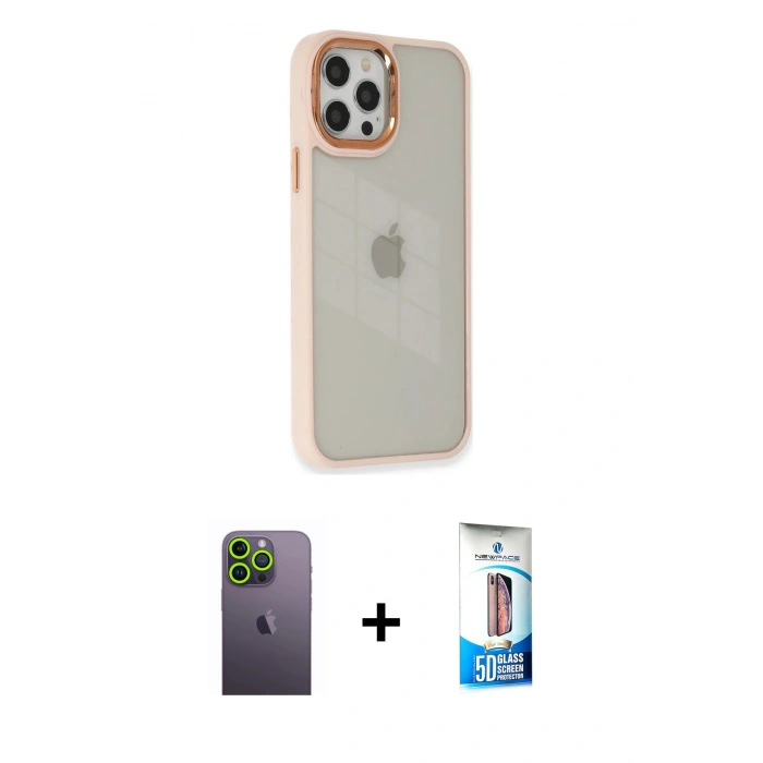 MARSİLYAN™- iPhone 12 Pro Max Kılıf Eksen Doku Prime - Siyah 5D Eko Cam Ekran Koruyucu + Neon Fosforlu Kamera Lens - YL