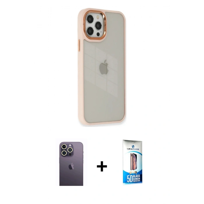 MARSİLYAN™- iPhone 12 Pro Max Kılıf Eksen Doku Prime - Siyah 5D Eko Cam Ekran Koruyucu + Neon Fosforlu Kamera Lens - BZ