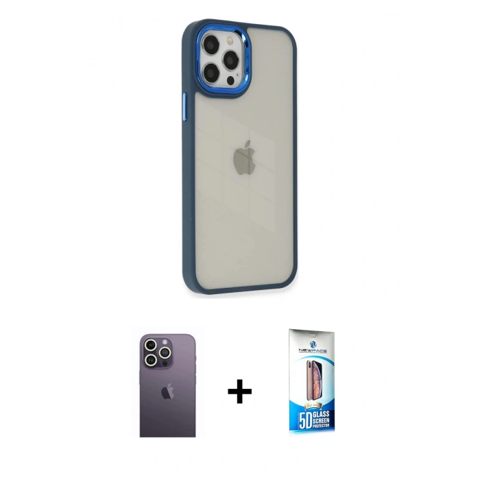 MARSİLYAN™- iPhone 12 Pro Max Kılıf Eksen Doku Prime - Siyah 5D Eko Cam Ekran Koruyucu + Neon Fosforlu Kamera Lens - BZ