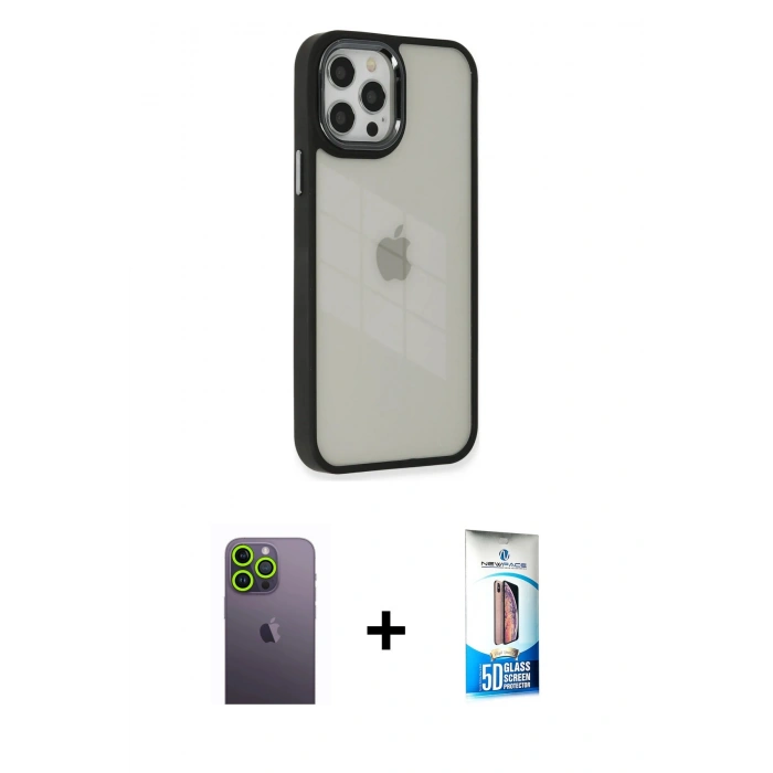 MARSİLYAN™- iPhone 12 Pro Max Kılıf Eksen Doku Prime - Siyah 5D Eko Cam Ekran Koruyucu + Neon Fosforlu Kamera Lens - YL