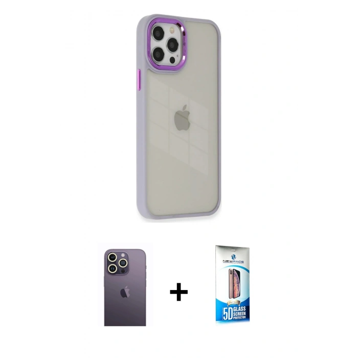 MARSİLYAN™- iPhone 12 Pro Max Kılıf Eksen Doku Prime - Siyah 5D Eko Cam Ekran Koruyucu + Neon Fosforlu Kamera Lens - BZ