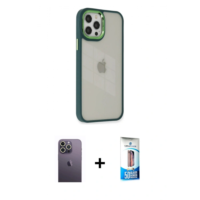 MARSİLYAN™- iPhone 12 Pro Max Kılıf Eksen Doku Prime - Siyah 5D Eko Cam Ekran Koruyucu + Neon Fosforlu Kamera Lens - BZ