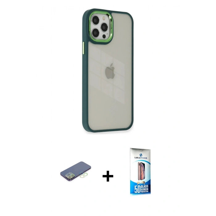 MARSİLYAN™- iPhone 12 Pro Max Kılıf Eksen Doku Prime - Siyah 5D Eko Cam Ekran Koruyucu + Renkli Kamera Lens Koruma Cam - YL