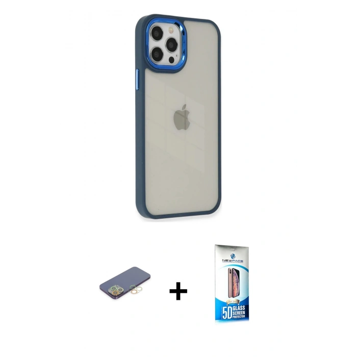 MARSİLYAN™- iPhone 12 Pro Max Kılıf Eksen Doku Prime - Siyah 5D Eko Cam Ekran Koruyucu + Renkli Kamera Lens Koruma Cam - SI