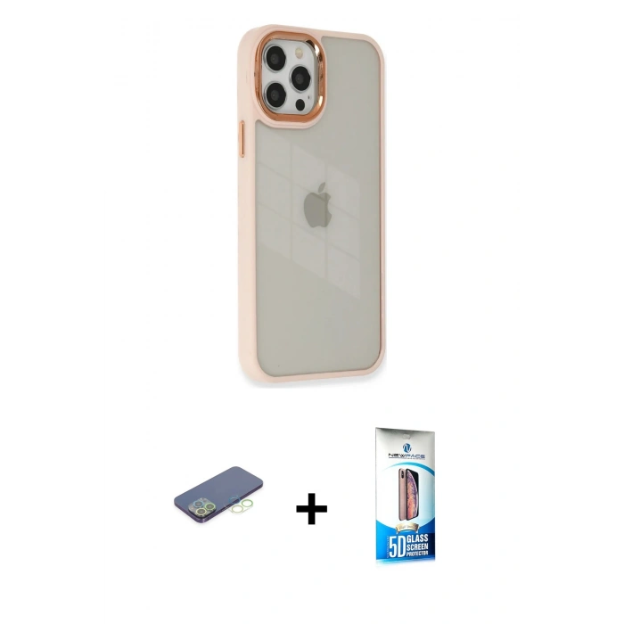 MARSİLYAN™- iPhone 12 Pro Max Kılıf Eksen Doku Prime - Siyah 5D Eko Cam Ekran Koruyucu + Renkli Kamera Lens Koruma Cam - YL