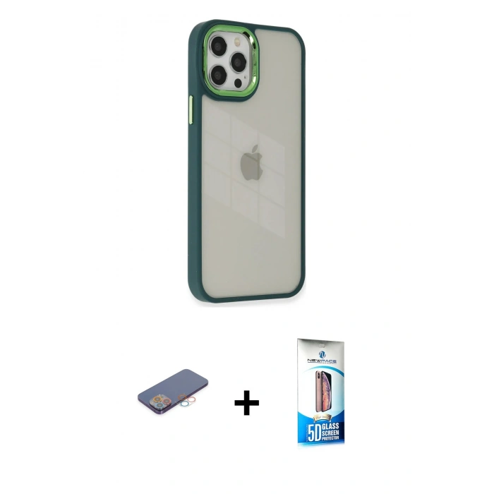 MARSİLYAN™- iPhone 12 Pro Max Kılıf Eksen Doku Prime - Siyah 5D Eko Cam Ekran Koruyucu + Renkli Kamera Lens Koruma Cam - PE