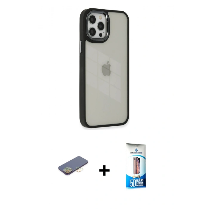 MARSİLYAN™- iPhone 12 Pro Max Kılıf Eksen Doku Prime - Siyah 5D Eko Cam Ekran Koruyucu + Renkli Kamera Lens Koruma Cam - SI