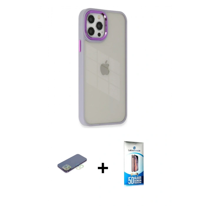 MARSİLYAN™- iPhone 12 Pro Max Kılıf Eksen Doku Prime - Siyah 5D Eko Cam Ekran Koruyucu + Renkli Kamera Lens Koruma Cam - YL