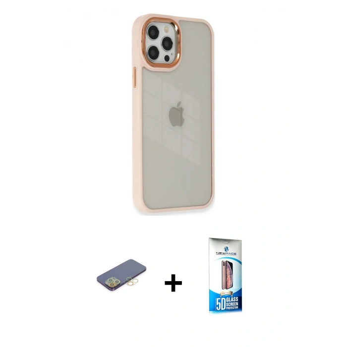 MARSİLYAN™- iPhone 12 Pro Max Kılıf Eksen Doku Prime - Siyah 5D Eko Cam Ekran Koruyucu + Renkli Kamera Lens Koruma Cam - SI