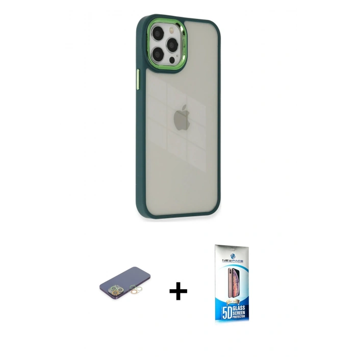 MARSİLYAN™- iPhone 12 Pro Max Kılıf Eksen Doku Prime - Siyah 5D Eko Cam Ekran Koruyucu + Renkli Kamera Lens Koruma Cam - SI