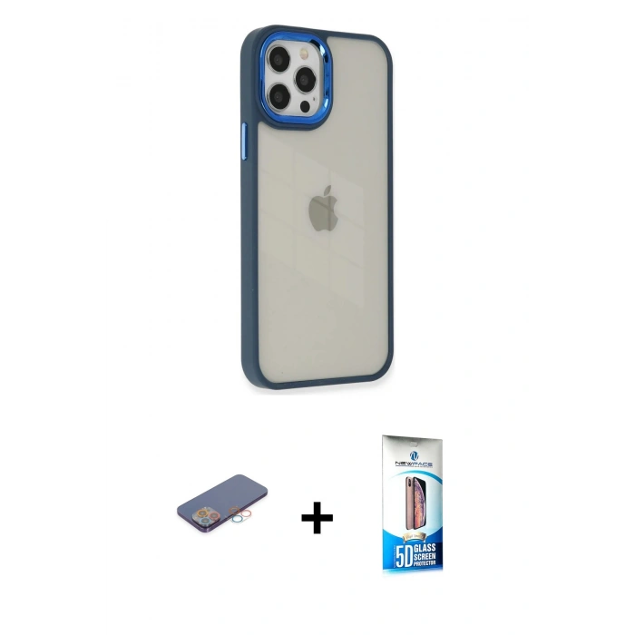 MARSİLYAN™- iPhone 12 Pro Max Kılıf Eksen Doku Prime - Siyah 5D Eko Cam Ekran Koruyucu + Renkli Kamera Lens Koruma Cam - PE