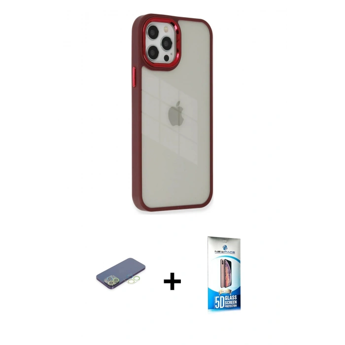 MARSİLYAN™- iPhone 12 Pro Max Kılıf Eksen Doku Prime - Siyah 5D Eko Cam Ekran Koruyucu + Renkli Kamera Lens Koruma Cam - YL