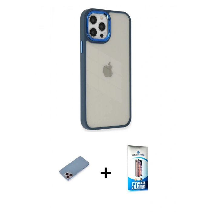 MARSİLYAN™- iPhone 12 Pro Max Kılıf Eksen Doku Prime - Siyah 5D Eko Cam Ekran Koruyucu + Shine Kamera Lens Koruma Cam - PE