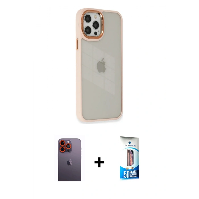 MARSİLYAN™- iPhone 12 Pro Max Kılıf Eksen Doku Prime - Siyah 5D Eko Cam Ekran Koruyucu + Turuncu Neon Fosforlu Kamera Lens