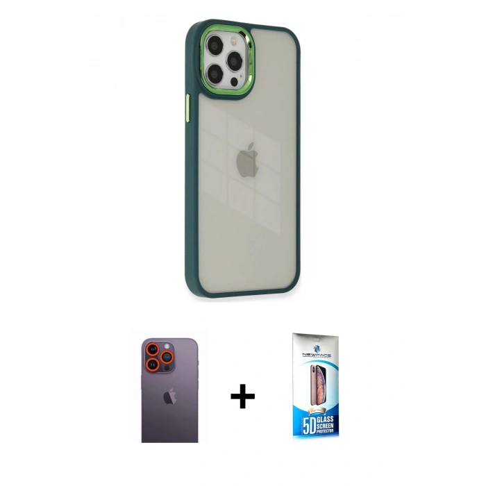 MARSİLYAN™- iPhone 12 Pro Max Kılıf Eksen Doku Prime - Siyah 5D Eko Cam Ekran Koruyucu + Turuncu Neon Fosforlu Kamera Lens