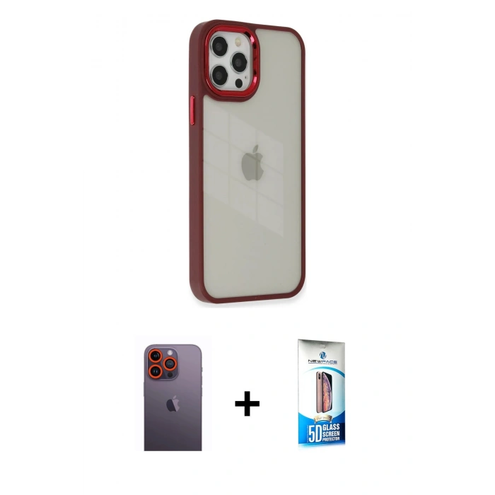 MARSİLYAN™- iPhone 12 Pro Max Kılıf Eksen Doku Prime - Siyah 5D Eko Cam Ekran Koruyucu + Turuncu Neon Fosforlu Kamera Lens