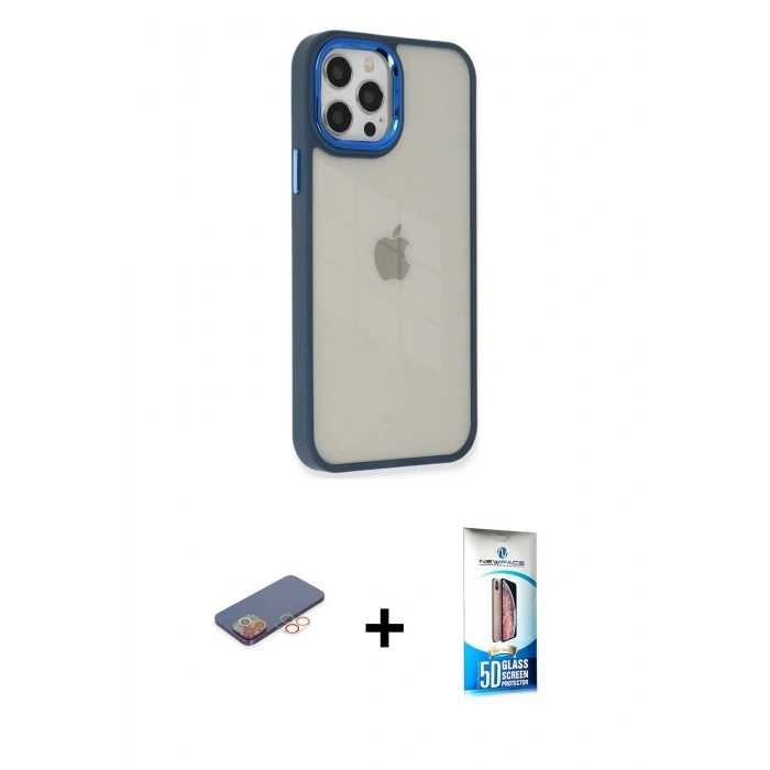 MARSİLYAN™- iPhone 12 Pro Max Kılıf Eksen Doku Prime - Siyah 5D Eko Cam Ekran Koruyucu + Turuncu Renkli Kamera Lens Koruma Cam