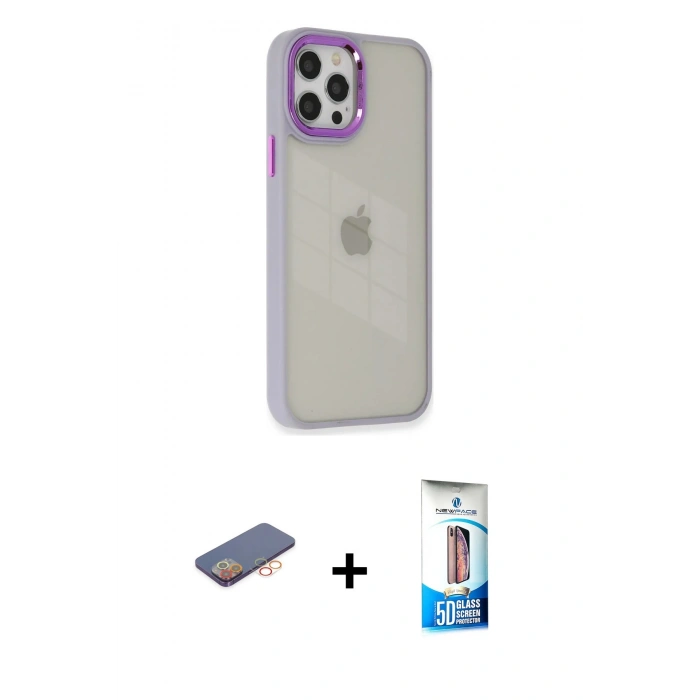 MARSİLYAN™- iPhone 12 Pro Max Kılıf Eksen Doku Prime - Siyah 5D Eko Cam Ekran Koruyucu + Turuncu Renkli Kamera Lens Koruma Cam