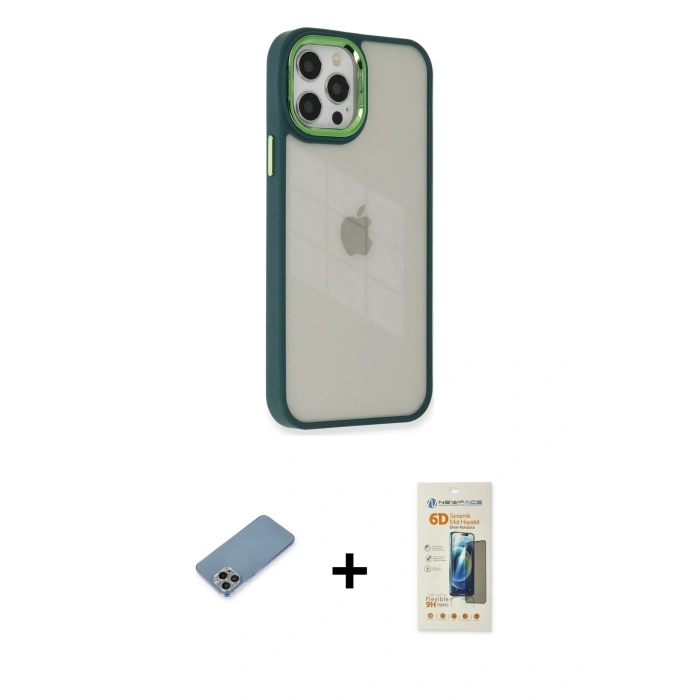 MARSİLYAN™- iPhone 12 Pro Max Kılıf Eksen Doku Prime - Siyah 6D Mat Seramik Hayalet Nano Ekran Koruyucu + Shine Kamera Lens Koruma Cam - GI