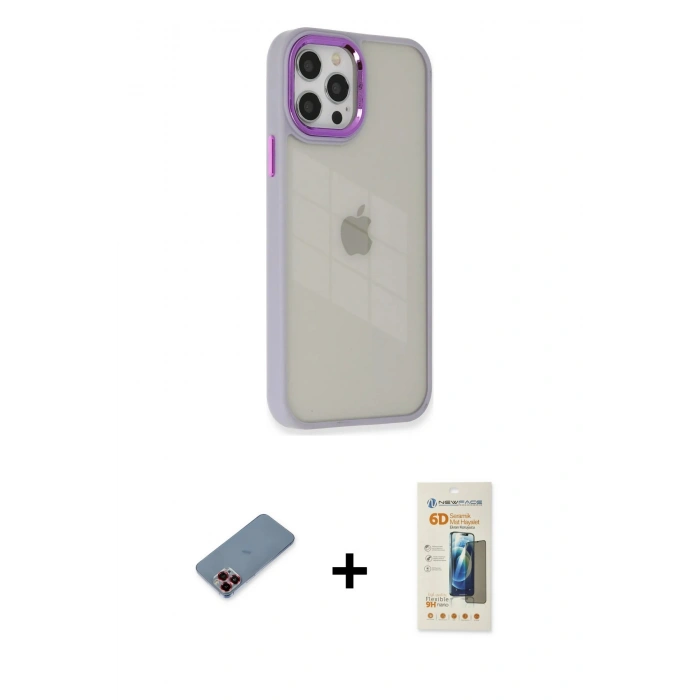 MARSİLYAN™- iPhone 12 Pro Max Kılıf Eksen Doku Prime - Siyah 6D Mat Seramik Hayalet Nano Ekran Koruyucu + Kırmızı Metal Kamera Lens Koruma Cam