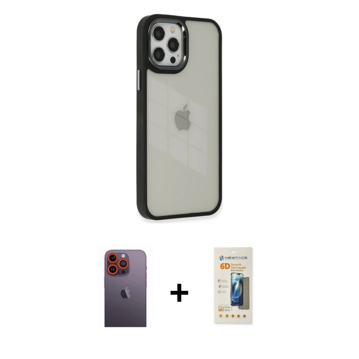 MARSİLYAN™- iPhone 12 Pro Max Kılıf Eksen Doku Prime - Siyah 6D Mat Seramik Hayalet Nano Ekran Koruyucu + Neon Fosforlu Kamera Lens - TU