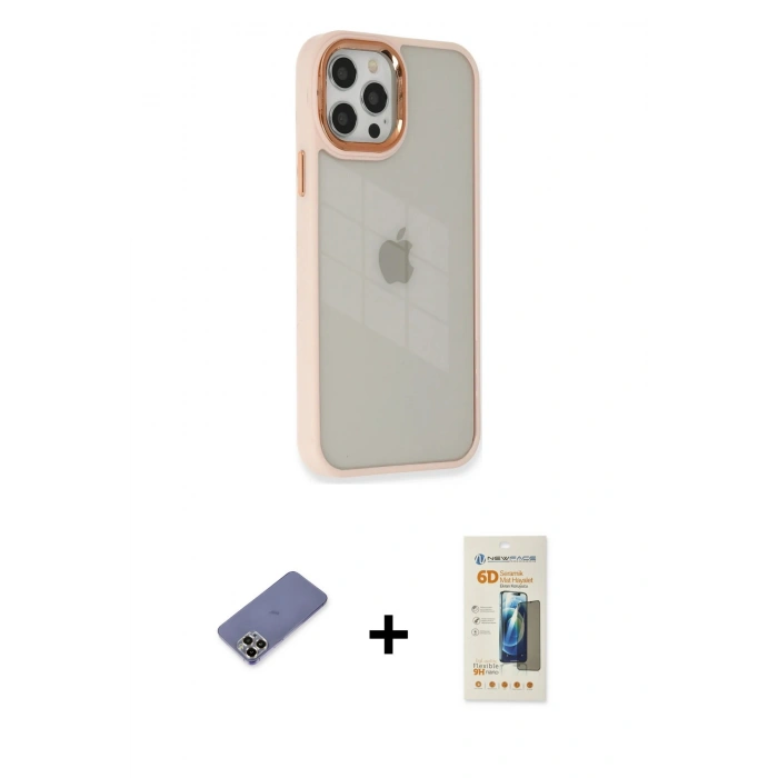 MARSİLYAN™- iPhone 12 Pro Max Kılıf Eksen Doku Prime - Siyah 6D Mat Seramik Hayalet Nano Ekran Koruyucu + Gold Metal Kamera Lens Koruma Cam