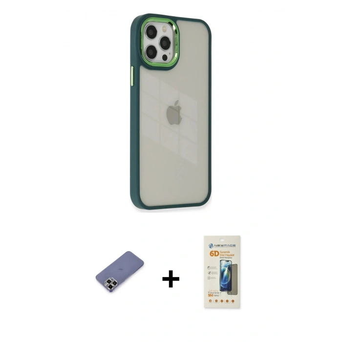 MARSİLYAN™- iPhone 12 Pro Max Kılıf Eksen Doku Prime - Siyah 6D Mat Seramik Hayalet Nano Ekran Koruyucu + Gold Metal Kamera Lens Koruma Cam