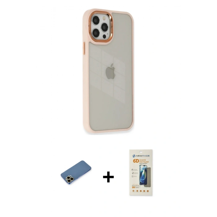 MARSİLYAN™- iPhone 12 Pro Max Kılıf Eksen Doku Prime - Siyah 6D Mat Seramik Hayalet Nano Ekran Koruyucu + Shine Kamera Lens Koruma Cam - GD