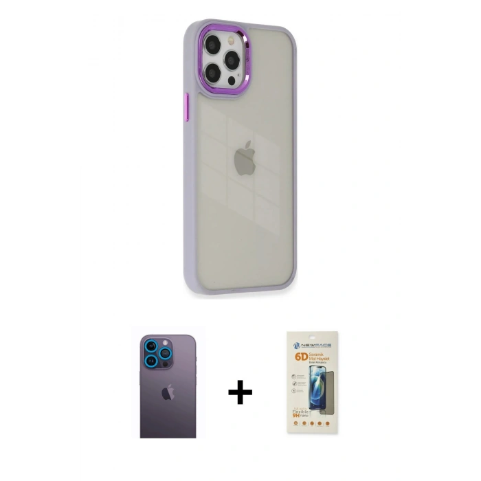 MARSİLYAN™- iPhone 12 Pro Max Kılıf Eksen Doku Prime - Siyah 6D Mat Seramik Hayalet Nano Ekran Koruyucu + Mavi Neon Fosforlu Kamera Lens