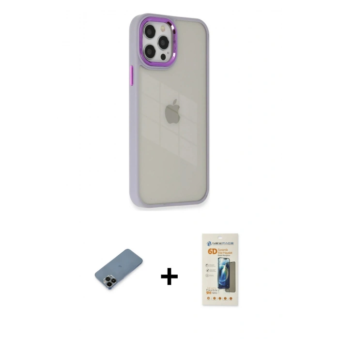 MARSİLYAN™- iPhone 12 Pro Max Kılıf Eksen Doku Prime - Siyah 6D Mat Seramik Hayalet Nano Ekran Koruyucu + Siyah Shine Kamera Lens Koruma Cam