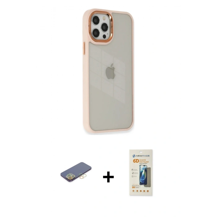 MARSİLYAN™- iPhone 12 Pro Max Kılıf Eksen Doku Prime - Siyah 6D Mat Seramik Hayalet Nano Ekran Koruyucu + Renkli Kamera Lens Koruma Cam - SI