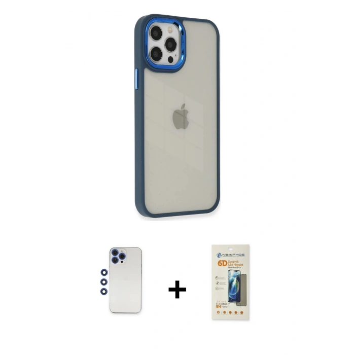 MARSİLYAN™- iPhone 12 Pro Max Kılıf Eksen Doku Prime - Siyah 6D Mat Seramik Hayalet Nano Ekran Koruyucu + Shine Kamera Lens - LT