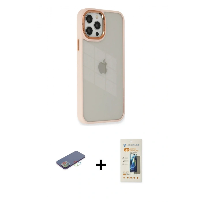 MARSİLYAN™- iPhone 12 Pro Max Kılıf Eksen Doku Prime - Siyah 6D Mat Seramik Hayalet Nano Ekran Koruyucu + Mavi Renkli Kamera Lens Koruma Cam