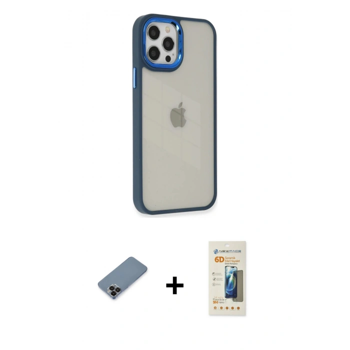 MARSİLYAN™- iPhone 12 Pro Max Kılıf Eksen Doku Prime - Siyah 6D Mat Seramik Hayalet Nano Ekran Koruyucu + Siyah Metal Kamera Lens Koruma Cam