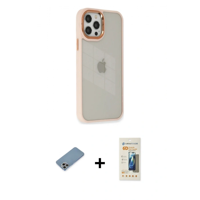 MARSİLYAN™- iPhone 12 Pro Max Kılıf Eksen Doku Prime - Siyah 6D Mat Seramik Hayalet Nano Ekran Koruyucu + Shine Kamera Lens Koruma Cam - GI