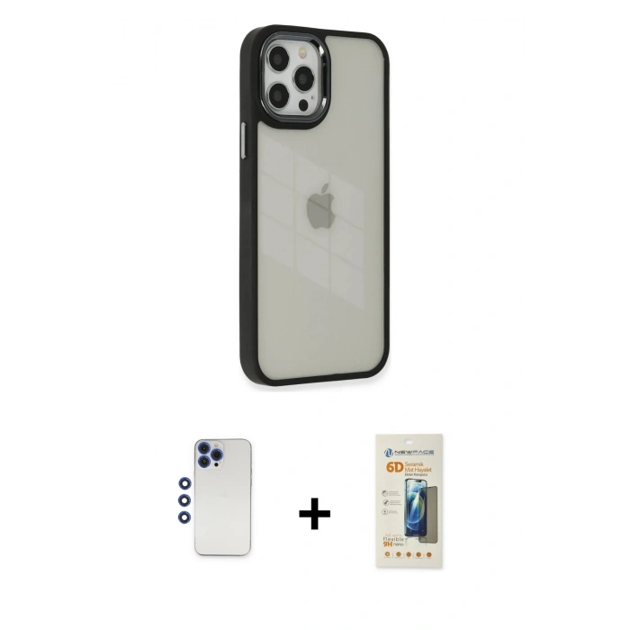 MARSİLYAN™- iPhone 12 Pro Max Kılıf Eksen Doku Prime - Siyah 6D Mat Seramik Hayalet Nano Ekran Koruyucu + Shine Kamera Lens - LT