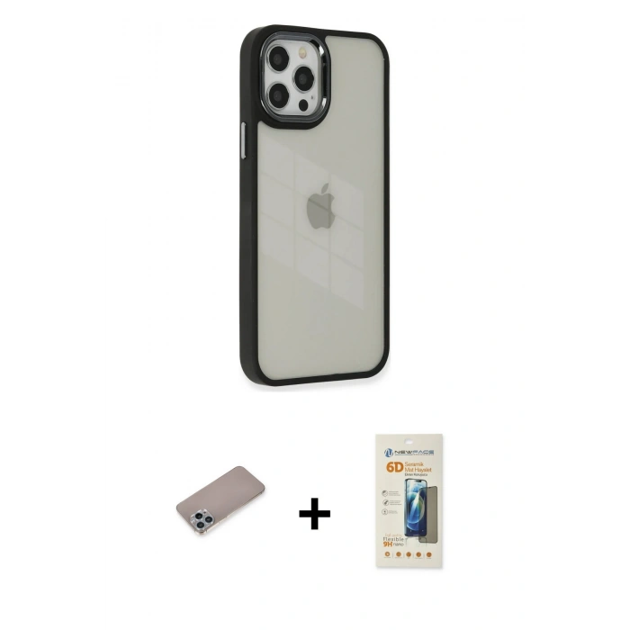 MARSİLYAN™- iPhone 12 Pro Max Kılıf Eksen Doku Prime - Siyah 6D Mat Seramik Hayalet Nano Ekran Koruyucu + Shine Kamera Lens Koruma Cam - SABE