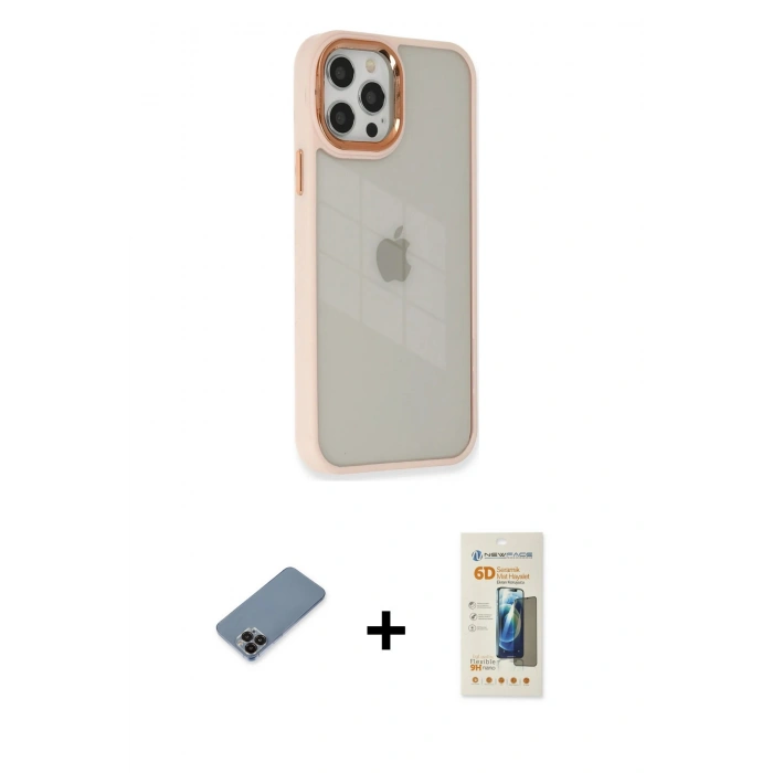 MARSİLYAN™- iPhone 12 Pro Max Kılıf Eksen Doku Prime - Siyah 6D Mat Seramik Hayalet Nano Ekran Koruyucu + Siyah Metal Kamera Lens Koruma Cam