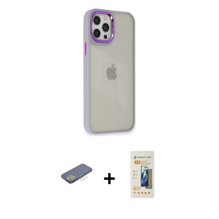 MARSİLYAN™- iPhone 12 Pro Max Kılıf Eksen Doku Prime - Siyah 6D Mat Seramik Hayalet Nano Ekran Koruyucu + Renkli Kamera Lens Koruma Cam - SI
