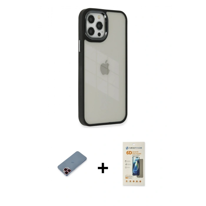 MARSİLYAN™- iPhone 12 Pro Max Kılıf Eksen Doku Prime - Siyah 6D Mat Seramik Hayalet Nano Ekran Koruyucu + Kırmızı Metal Kamera Lens Koruma Cam