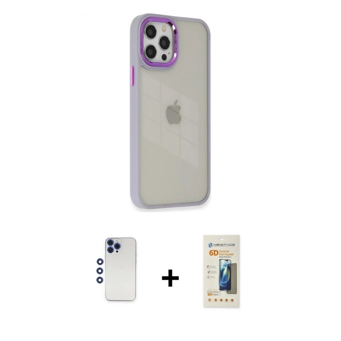 MARSİLYAN™- iPhone 12 Pro Max Kılıf Eksen Doku Prime - Siyah 6D Mat Seramik Hayalet Nano Ekran Koruyucu + Shine Kamera Lens - LT