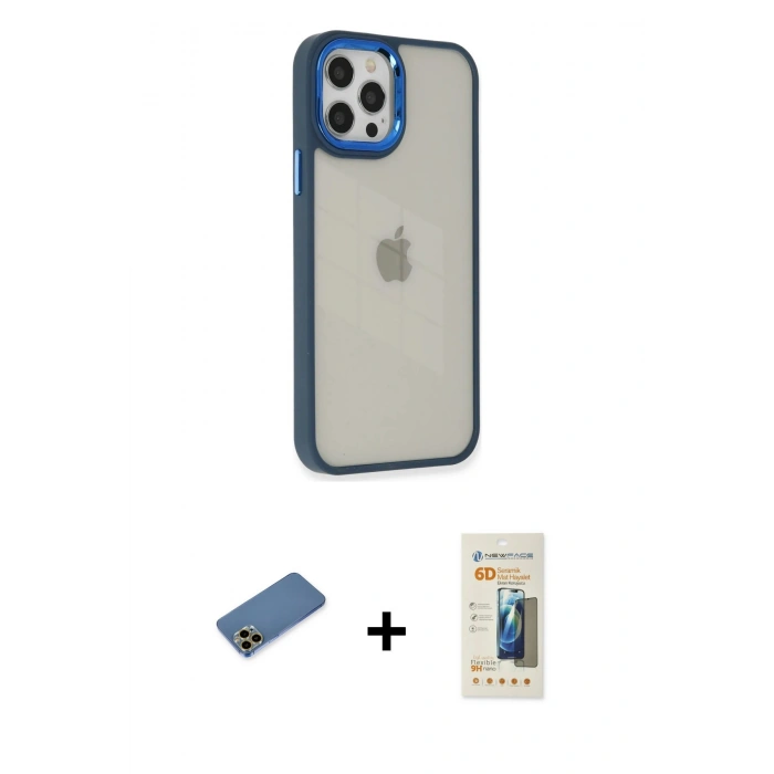 MARSİLYAN™- iPhone 12 Pro Max Kılıf Eksen Doku Prime - Siyah 6D Mat Seramik Hayalet Nano Ekran Koruyucu + Shine Kamera Lens Koruma Cam - GD