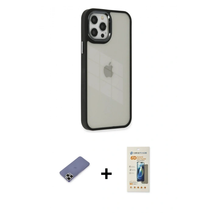 MARSİLYAN™- iPhone 12 Pro Max Kılıf Eksen Doku Prime - Siyah 6D Mat Seramik Hayalet Nano Ekran Koruyucu + Gold Metal Kamera Lens Koruma Cam